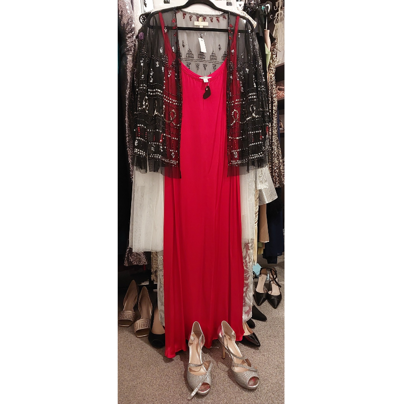 Country Road silky red slip dress & Rubi Yaya shrug, size 14-HIRE