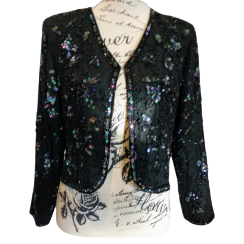 Gold Eagle black sequin/beaded jacket, size 10