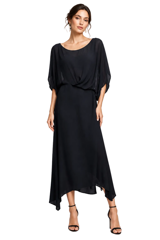 HIRE-Shen Designer navy assemetrical dress, size 10-12