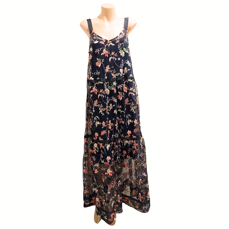 Loobies Story navy embroidered floral dress, size 10-12