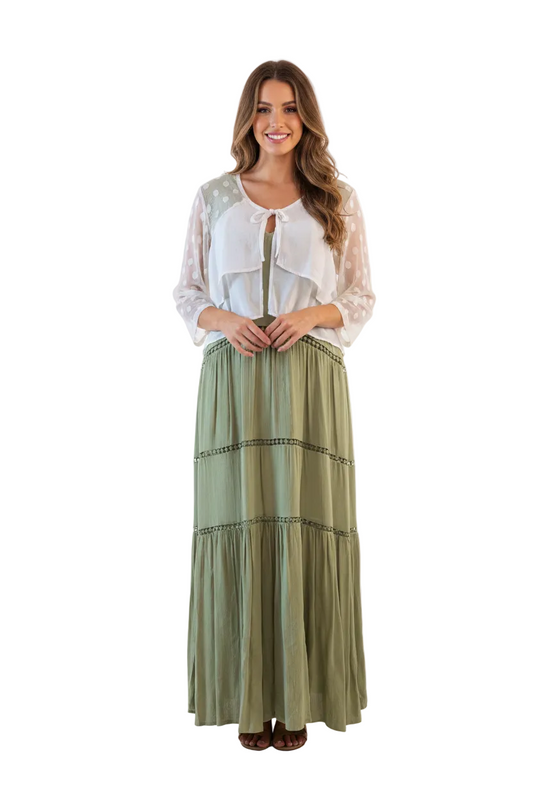 Catalyst cream top + Loobies Story avocado green dress, size 14