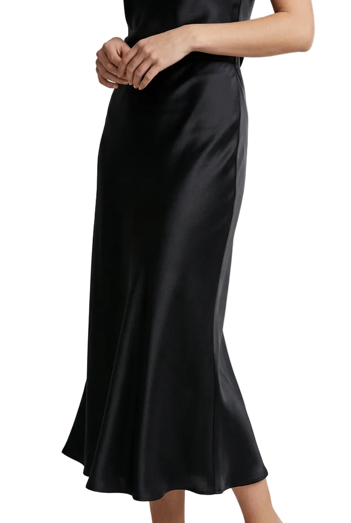 Black satin silky midi skirt, size 12