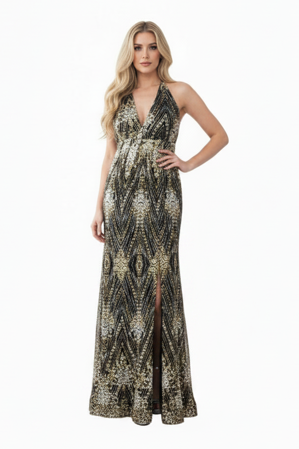 HIRE-Hello Molly black & gold glotter formal /ball dress, size 10-12