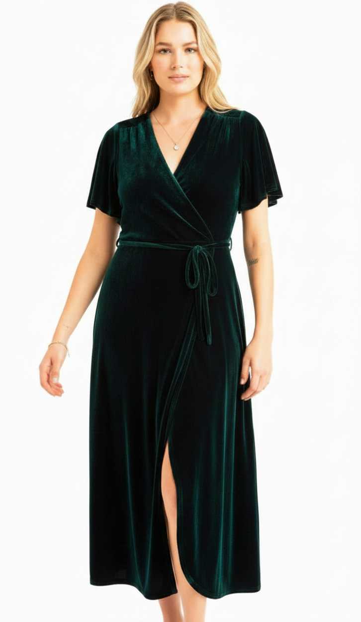 Green velvet dress, size 14-16-HIRE