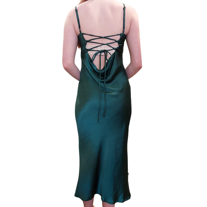 Beginning Boutique emerald green satin silk dress, size 8-HIRE