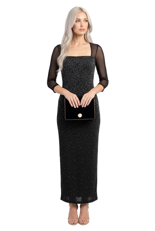 Nadine black sheer 3/4 sleeve formal dress, 12