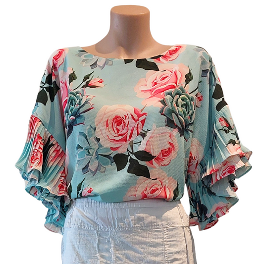 NEW Annah S aqua floral blouse/top, size S 10/12