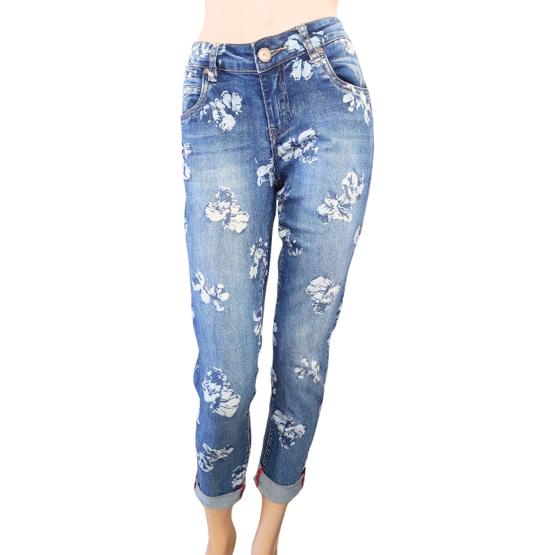 New London blue floral skinny denim jeans, size 26/8-10