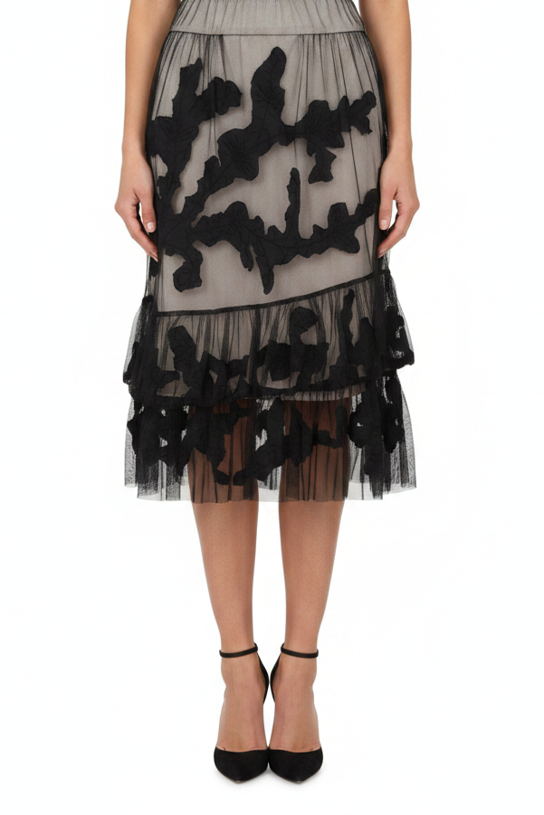 Trelise Cooper black fine mesh /nude lined skirt, size 8