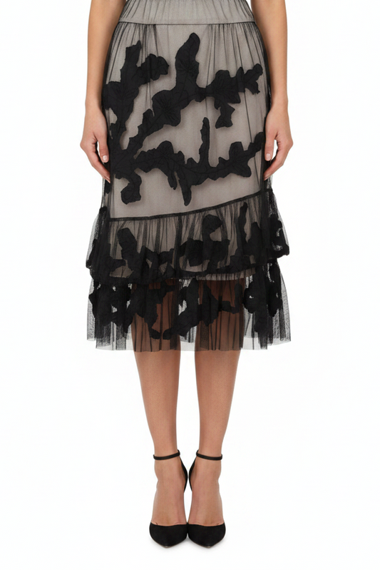 Trelise Cooper black fine mesh /nude lined skirt, size 8