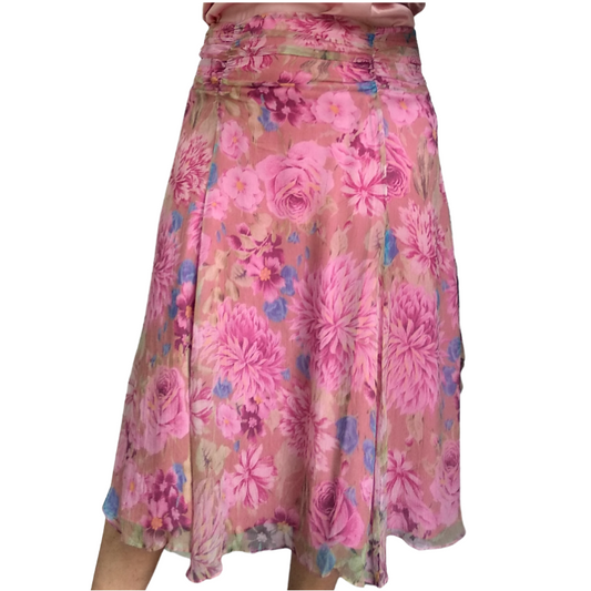 Moss & Spy pink silk floral skirt, size 10