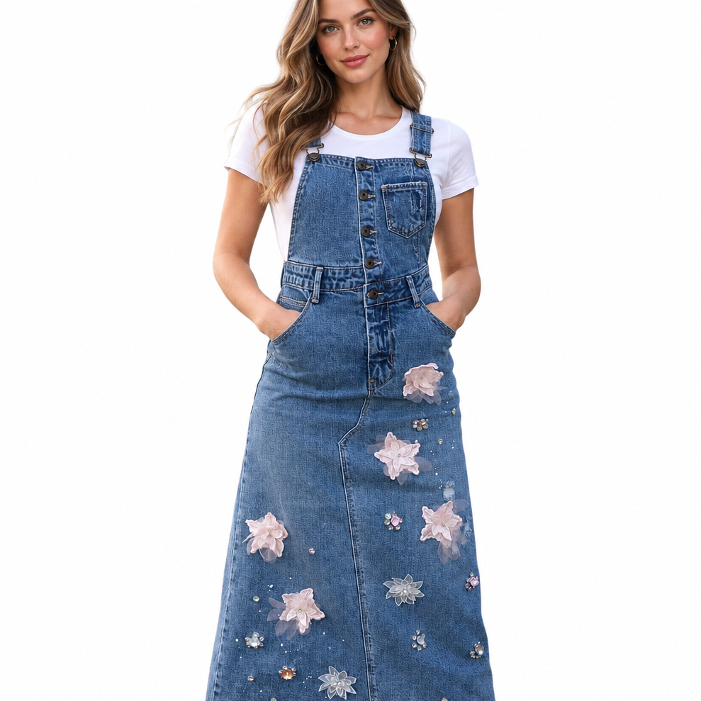 Gabby Izabella denim flower detail pinafore/dress-28/8/10