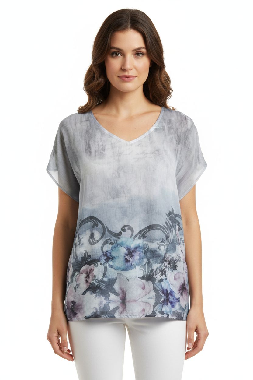 URU silver grey designer top, size 10/12, OSFM