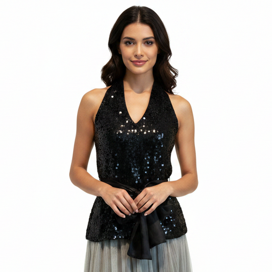 HIRE-World Vintage black sequin top size 10/12