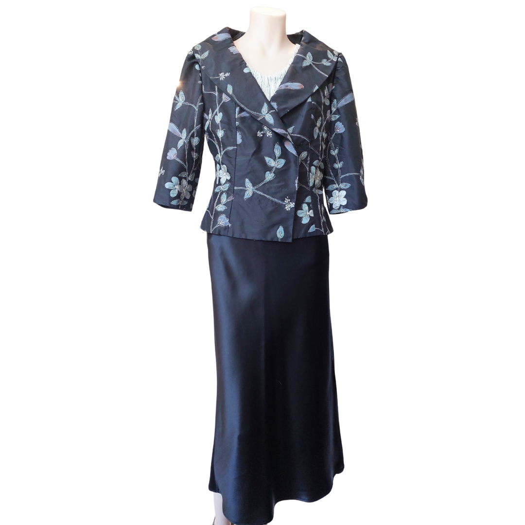 Black taffeta floral event jacket, size 10-12