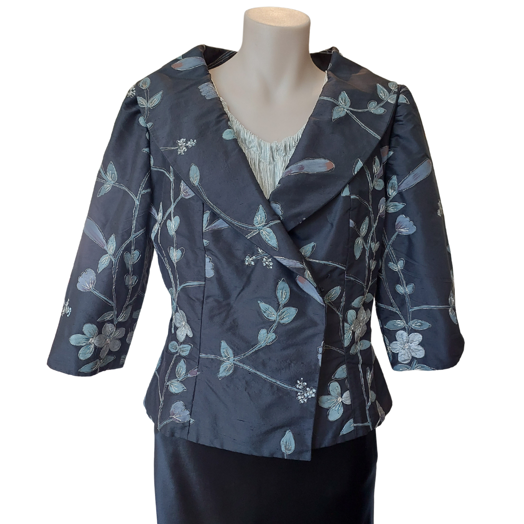 Black taffeta floral event jacket, size 10-12