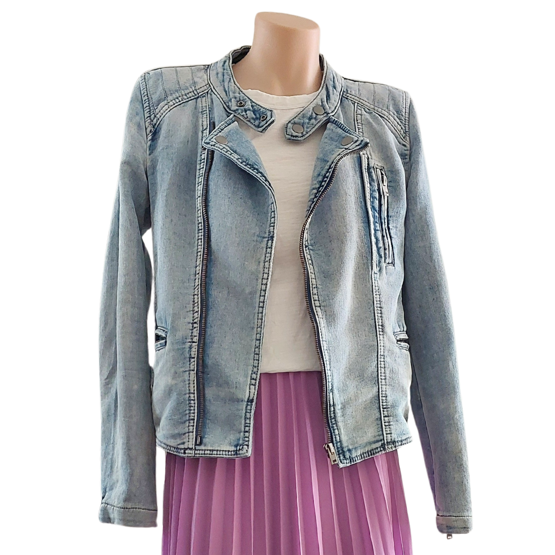 Ducjuba blue distressed denim jacket, size 8