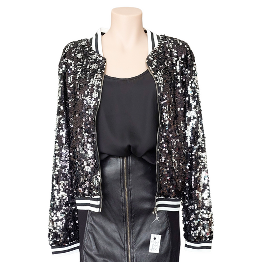 NEW black & silver sequin bomber jacket size 8, 10, 12