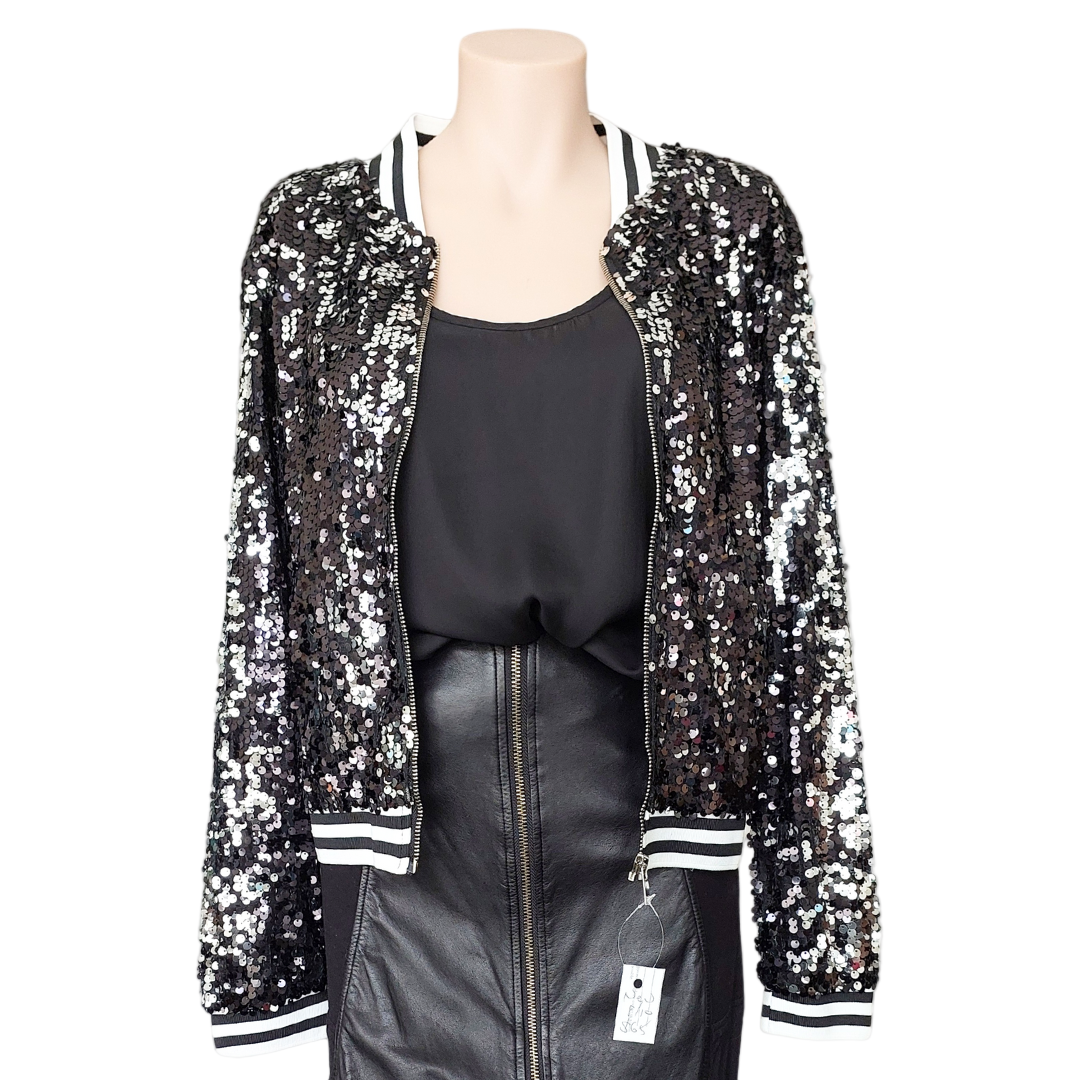 NEW black sequin bomber jacket size 8-10-12-14-16