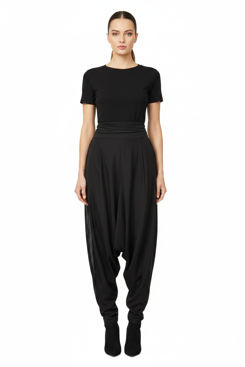 Morrison black silky drop crotch pants, size 1, NZ 8/10