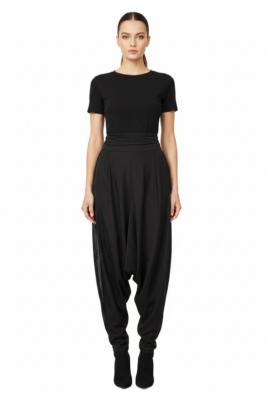 Morrison black silky drop crotch pants, size 1, NZ 8/10