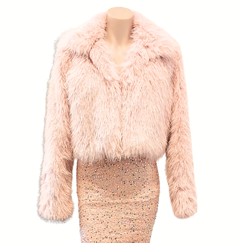NEW pink fluffy faux fur cropped jacket, size 8, fits 8-10