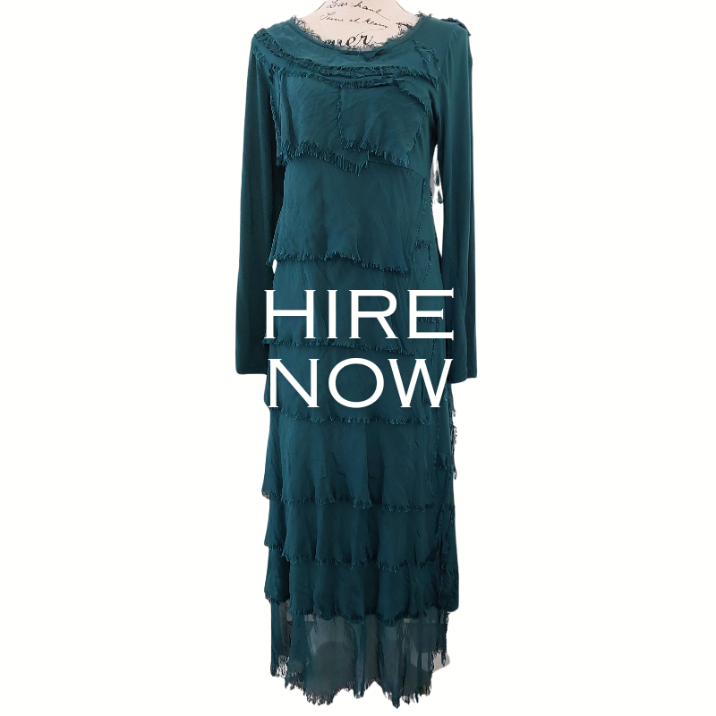 IMAGINE Fashion Italy teal silk dress, size fits 12-14-16 HIRE