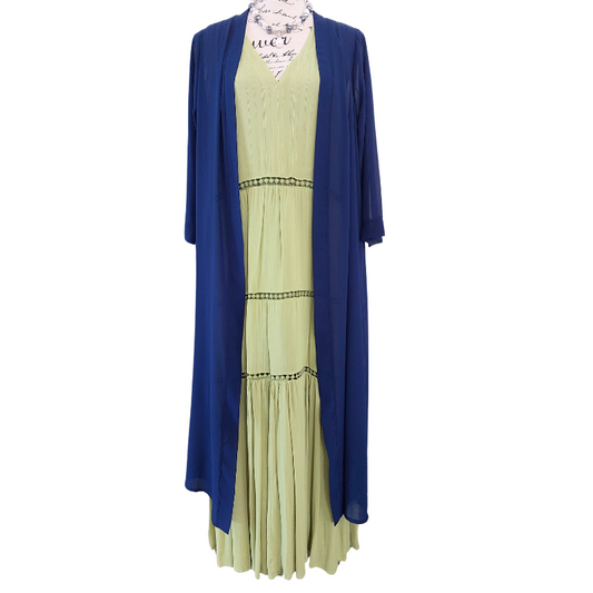 Loobies Story avocado green dress/navy chiffon coat, size 14-HIRE