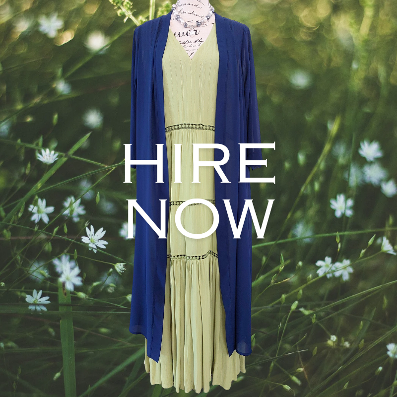 Loobies Story avocado green dress/navy chiffon coat, size 14-HIRE