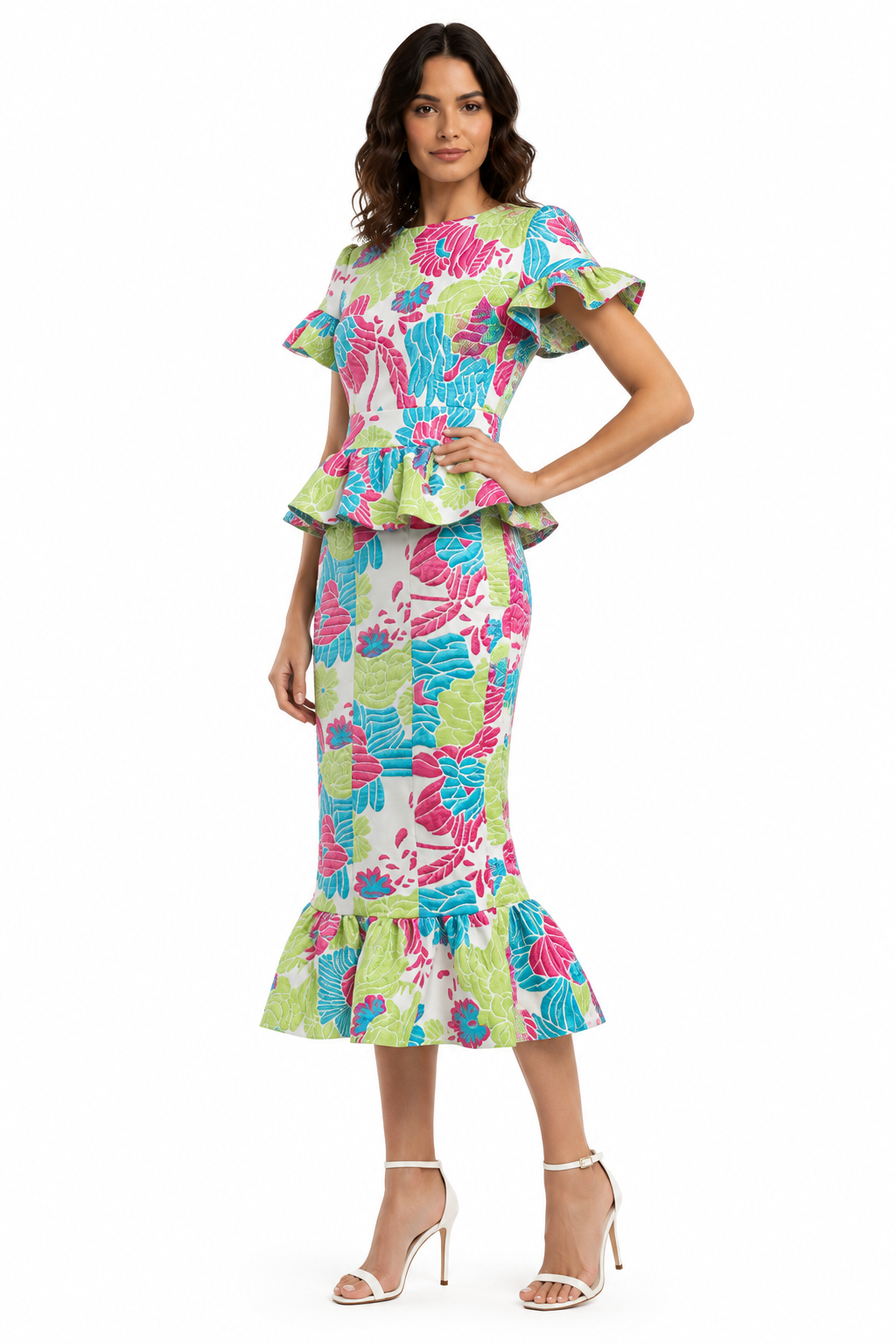 Designer green, blue, pink formal/race day dress, size 10