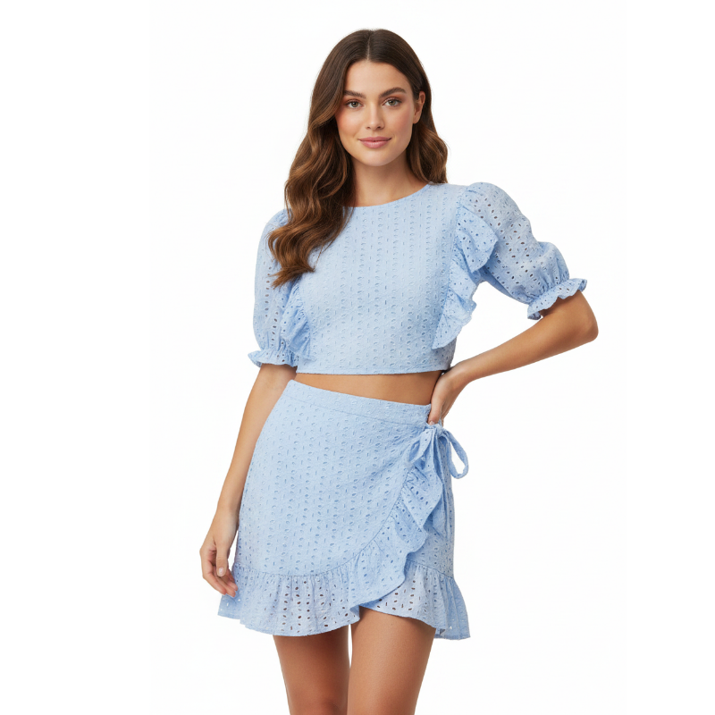Baby blue broderie anglaise skirt & top, size 12