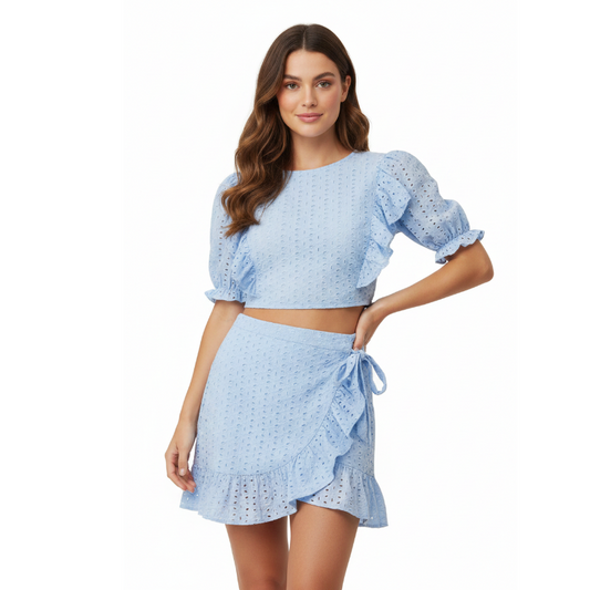 Baby blue broderie anglaise skirt & top, size 12