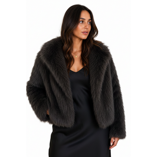 Hire-NEW black faux fur jacket, size 10-12-14