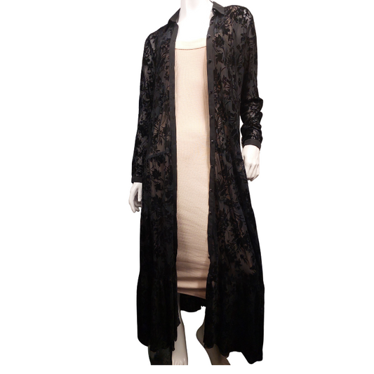 Joe Browns black mesh velvet embossed floral coat, size 12