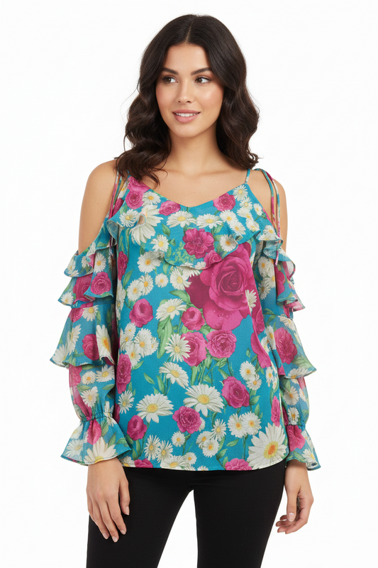 Augustine teal floral cold shoulder top size 8 & 10
