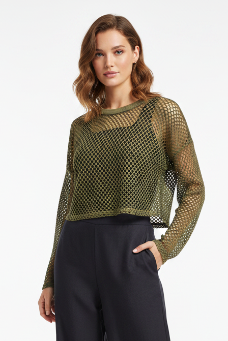 Khaki mesh/fishnet top, size 10/12