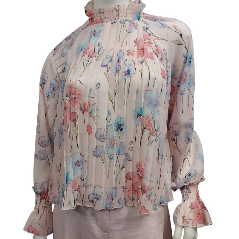 Pink floral shirred neck pleated top, size 10