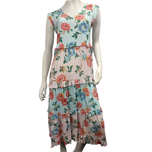 Boho blue floral rayon dress, size 10