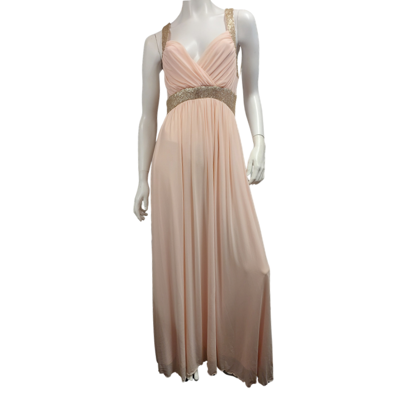 New peach long dress/gold sequin neck, size 14