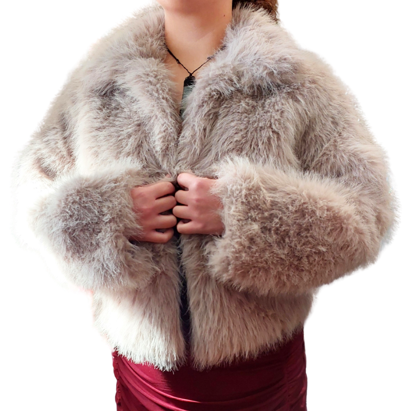 Hire-Beige fluffy faux fur jacket, size 14, fits 14-16