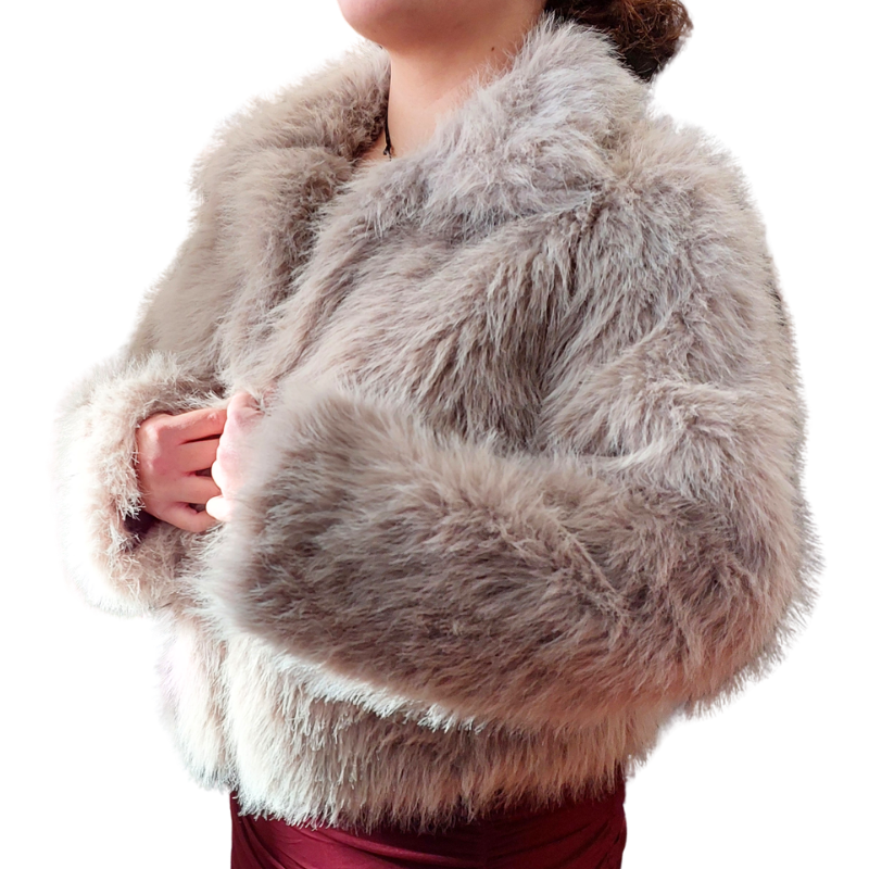 Hire-Beige fluffy faux fur jacket, size 14, fits 14-16