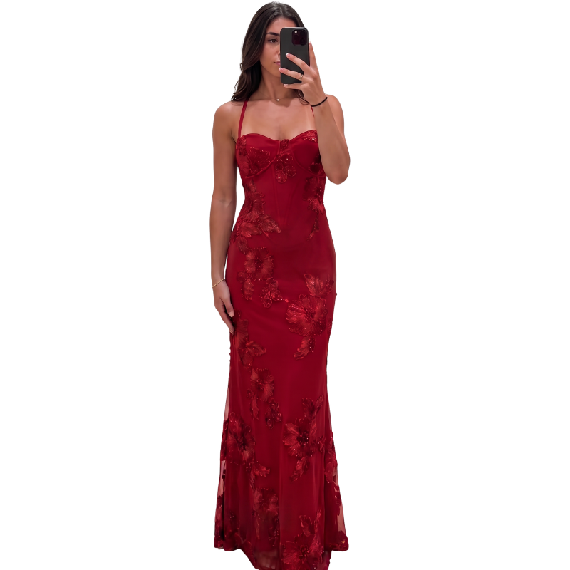 New red corset bodice formal dress, size 8