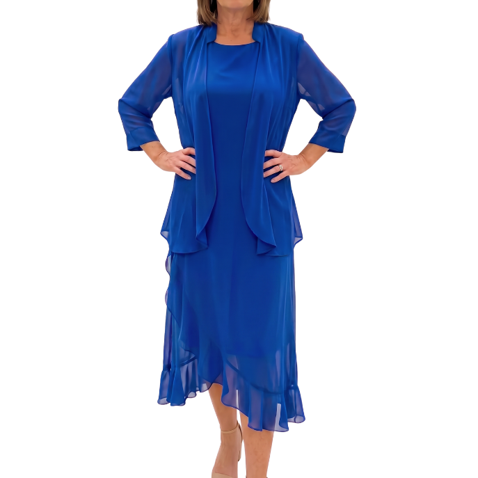 NEW L'Official blue chiffon dress & shrug, size 12-14
