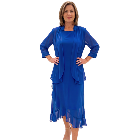 NEW L'Official blue chiffon dress & shrug, size 12-14