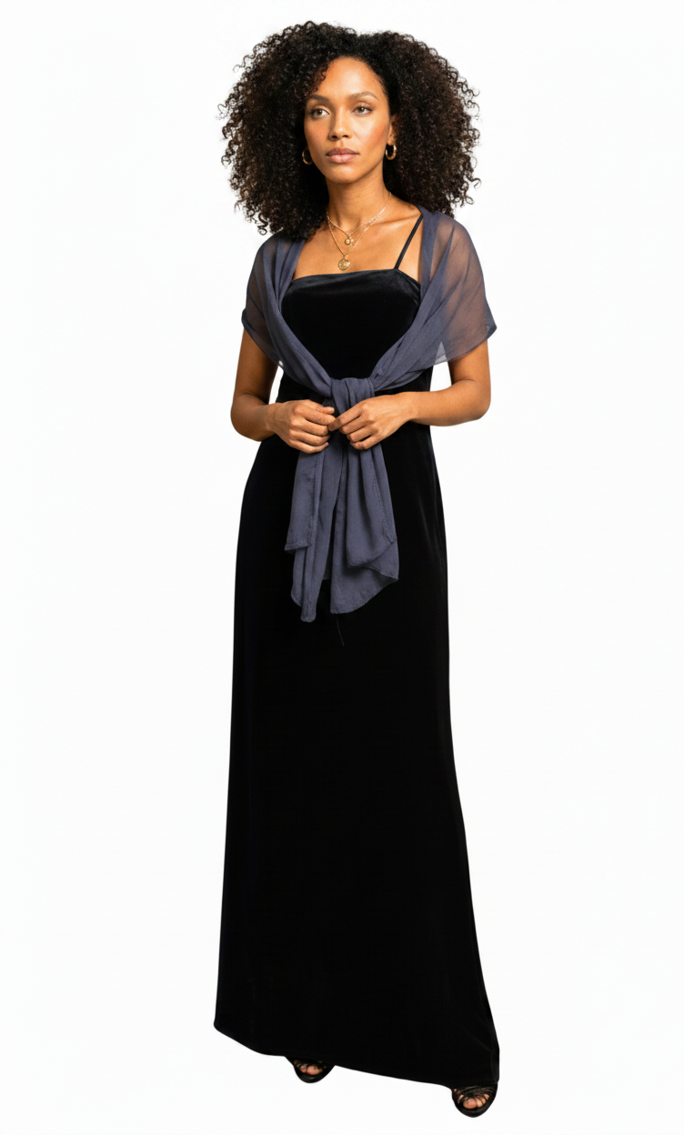 Navy velvet sequin neckline formal/ball dress, size 12-14