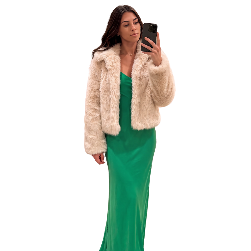 HIRE-Beige fluffy faux fur jacket, size 10, fits 10-12