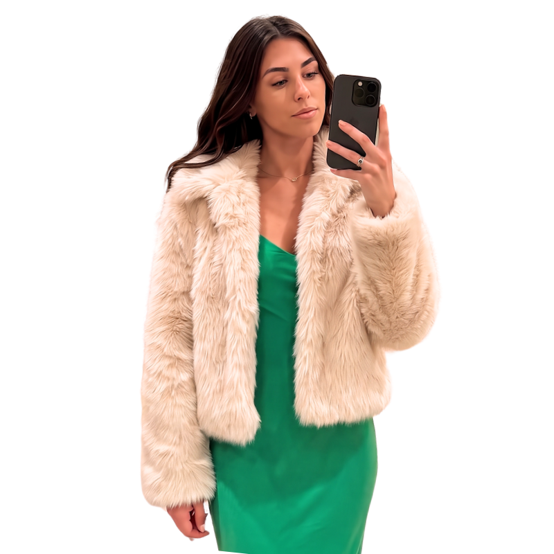 HIRE-Beige fluffy faux fur jacket, size 10, fits 10-12