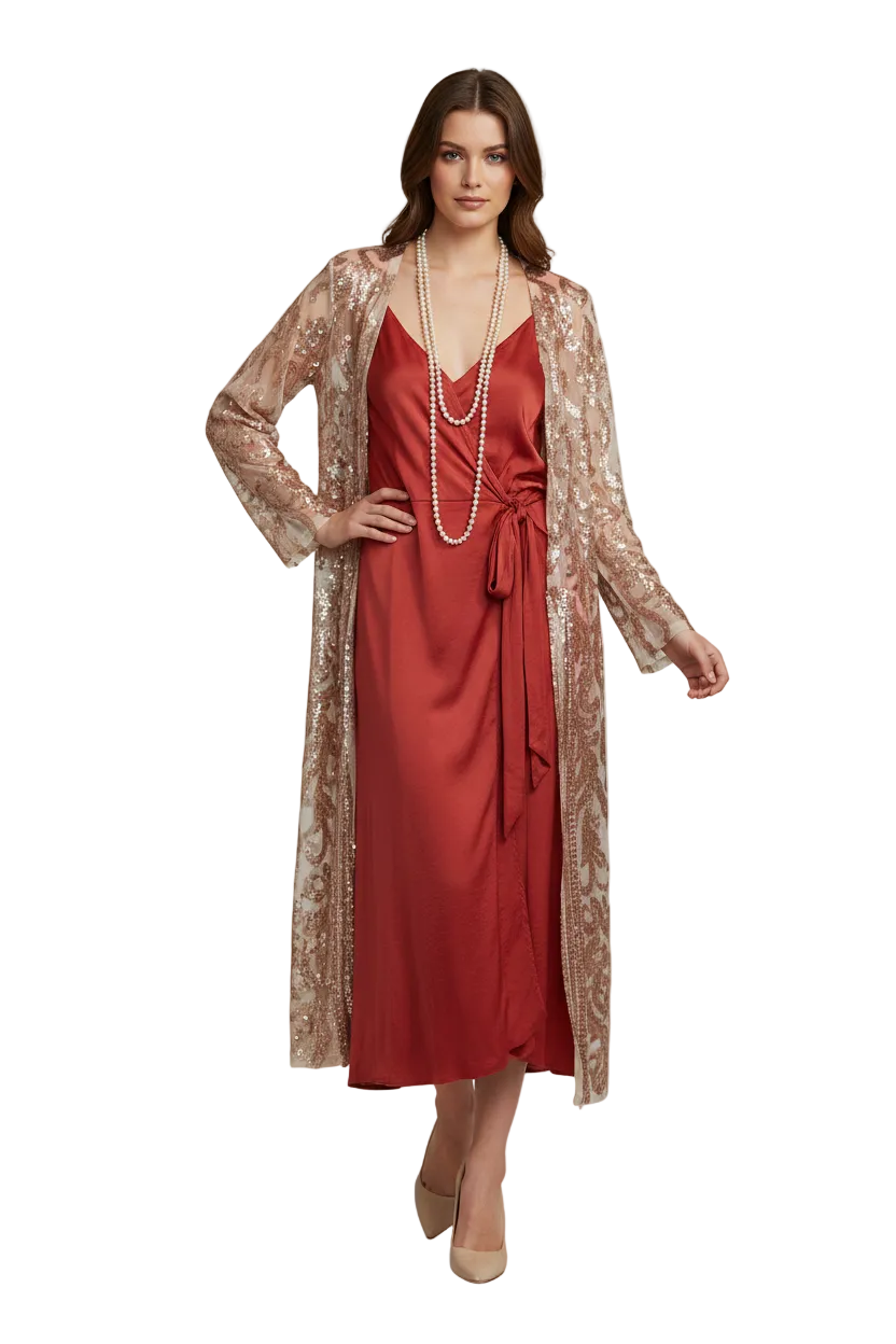 HIRE-Rust silky formal dress + rose gold sequin coat, size 14-16-18