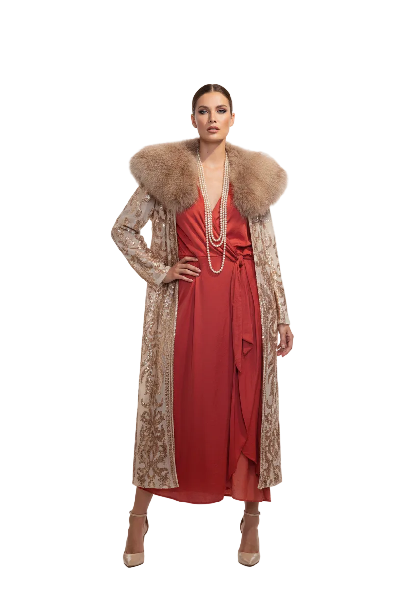 HIRE-Rust silky formal dress + rose gold sequin coat, size 14-16-18