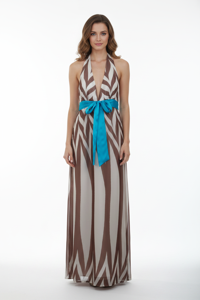Wish blue Summer blue/ brown striped maxi dress, size 8